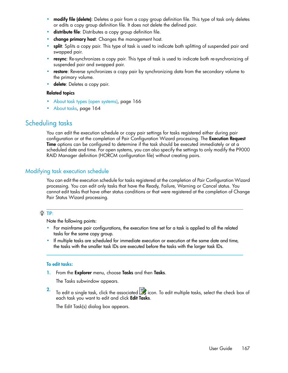 Scheduling tasks, Modifying task execution schedule | HP XP P9000 Command View Advanced Edition Software User Manual | Page 167 / 478