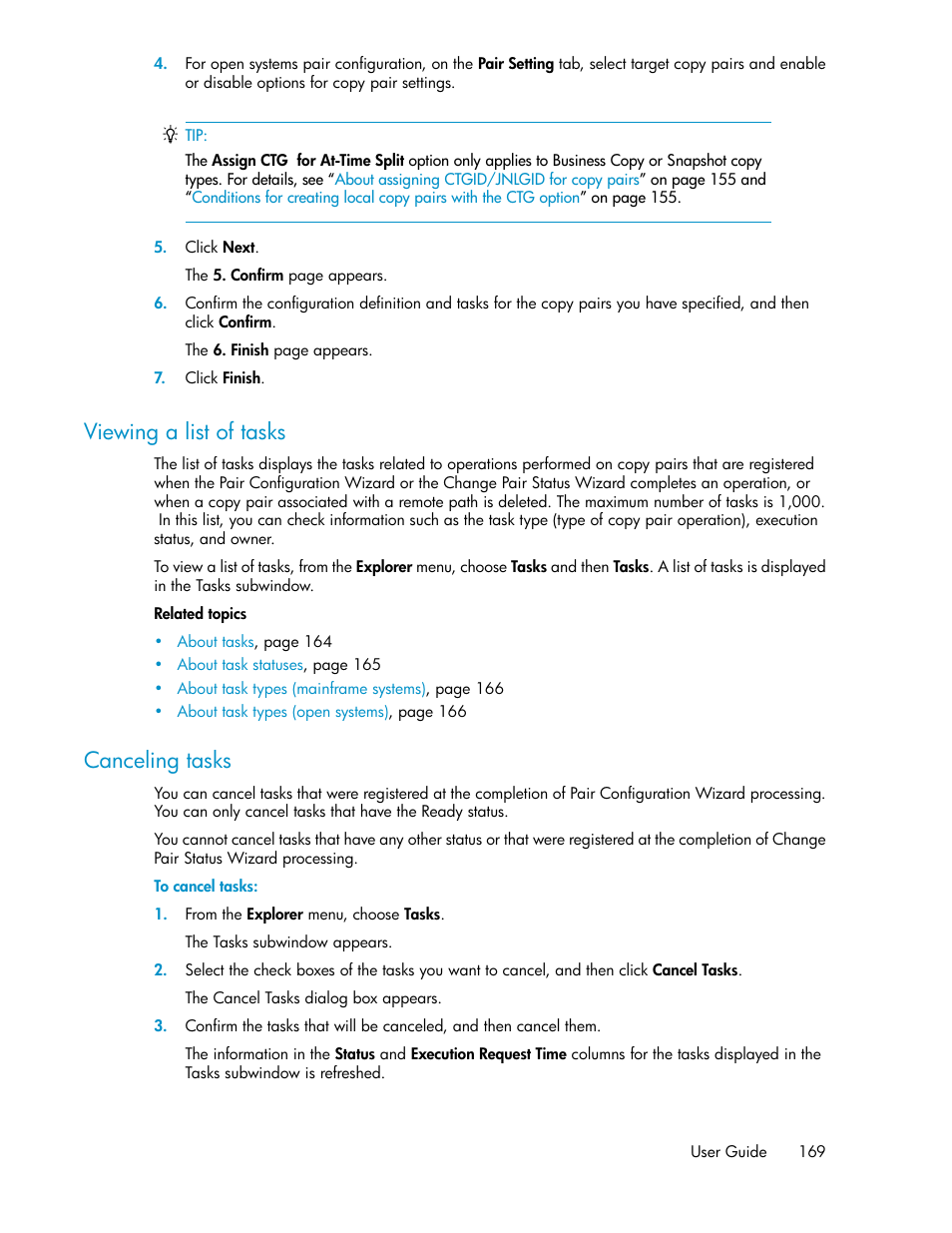 Viewing a list of tasks, Canceling tasks, 169 canceling tasks | HP XP P9000 Command View Advanced Edition Software User Manual | Page 169 / 478