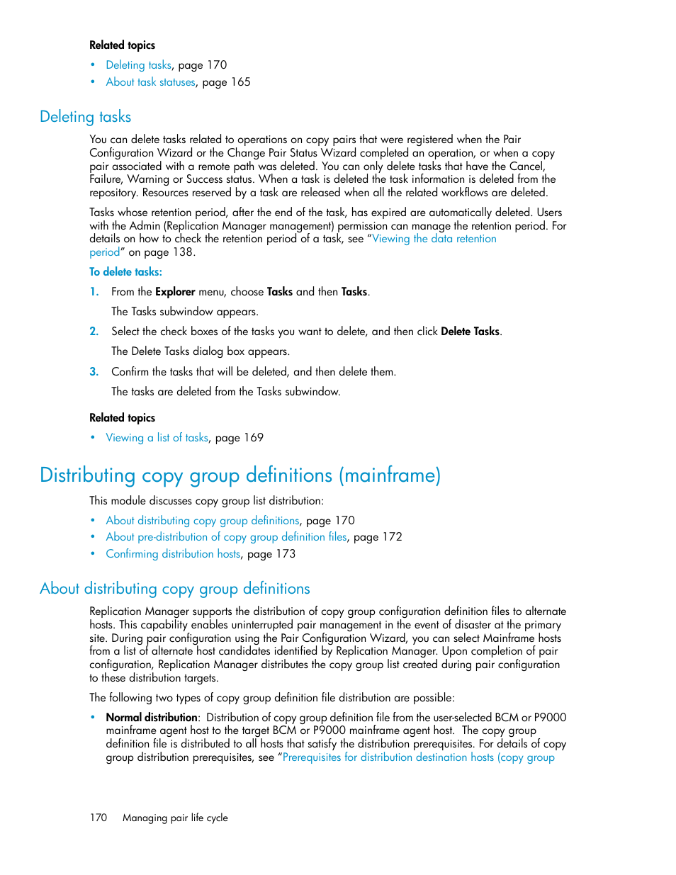 Deleting tasks, Distributing copy group definitions (mainframe), About distributing copy group definitions | HP XP P9000 Command View Advanced Edition Software User Manual | Page 170 / 478