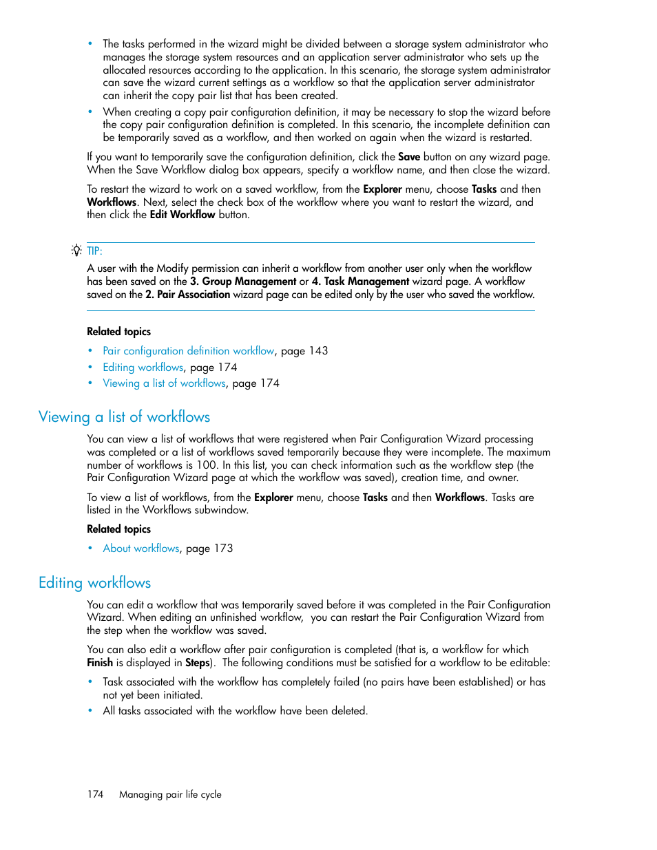 Viewing a list of workflows, Editing workflows, 174 editing workflows | HP XP P9000 Command View Advanced Edition Software User Manual | Page 174 / 478