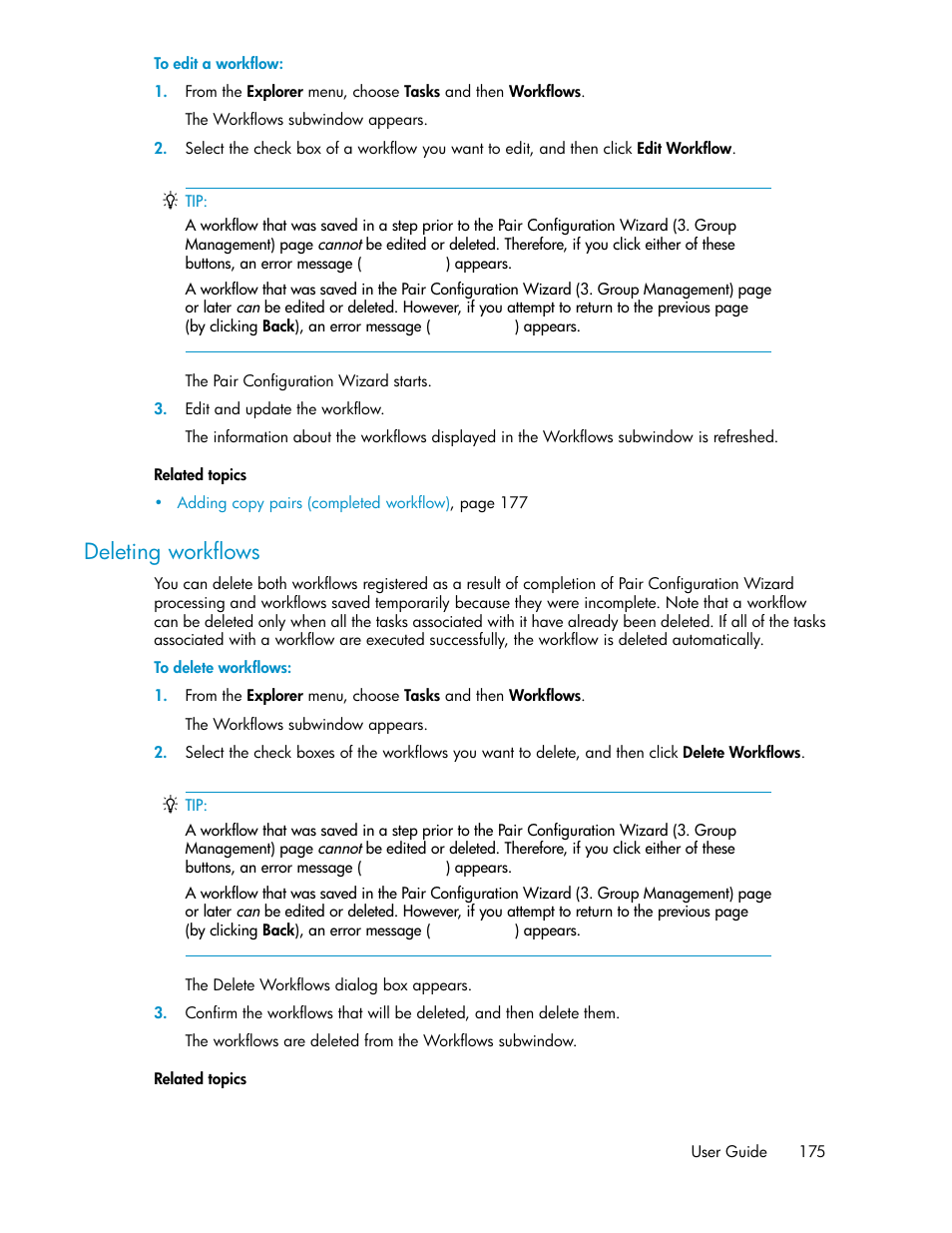 Deleting workflows | HP XP P9000 Command View Advanced Edition Software User Manual | Page 175 / 478