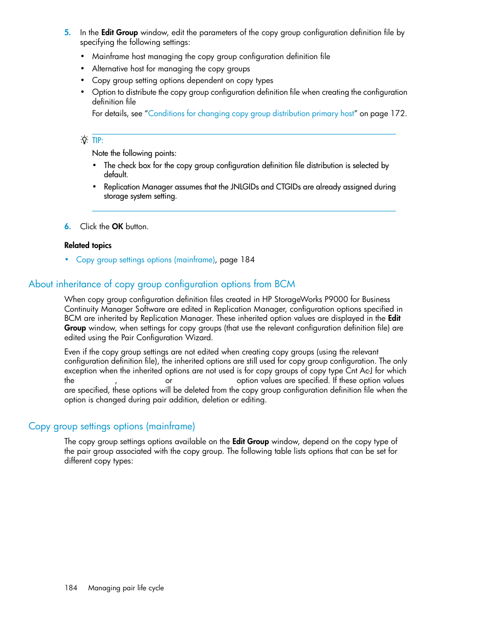 Copy group settings options (mainframe), 184 copy group settings options (mainframe) | HP XP P9000 Command View Advanced Edition Software User Manual | Page 184 / 478