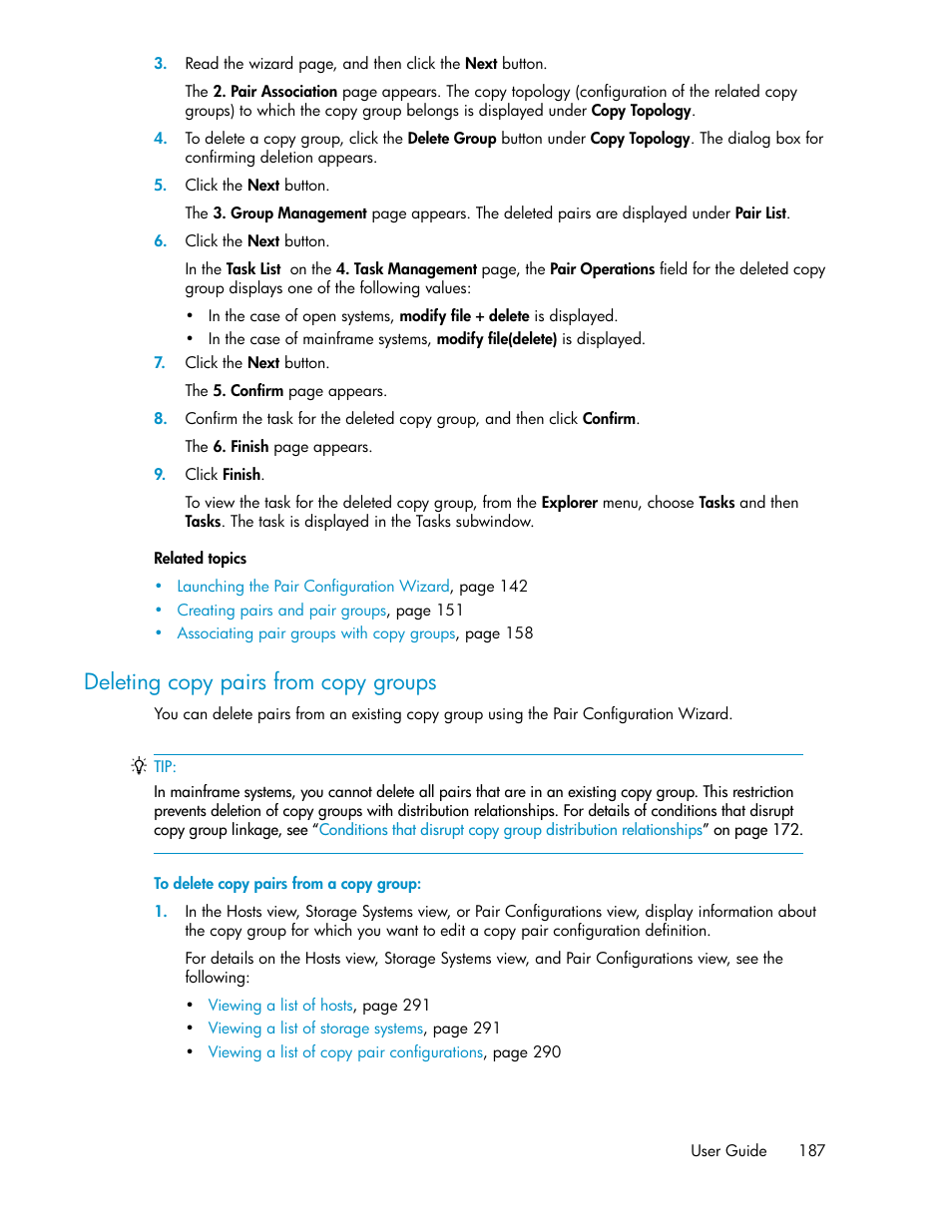 Deleting copy pairs from copy groups | HP XP P9000 Command View Advanced Edition Software User Manual | Page 187 / 478