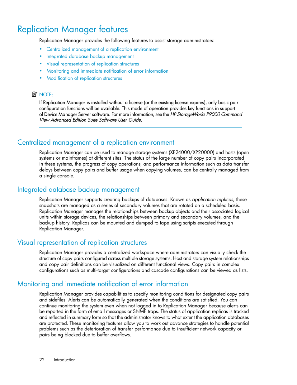 Replication manager features, Integrated database backup management, Visual representation of replication structures | HP XP P9000 Command View Advanced Edition Software User Manual | Page 22 / 478