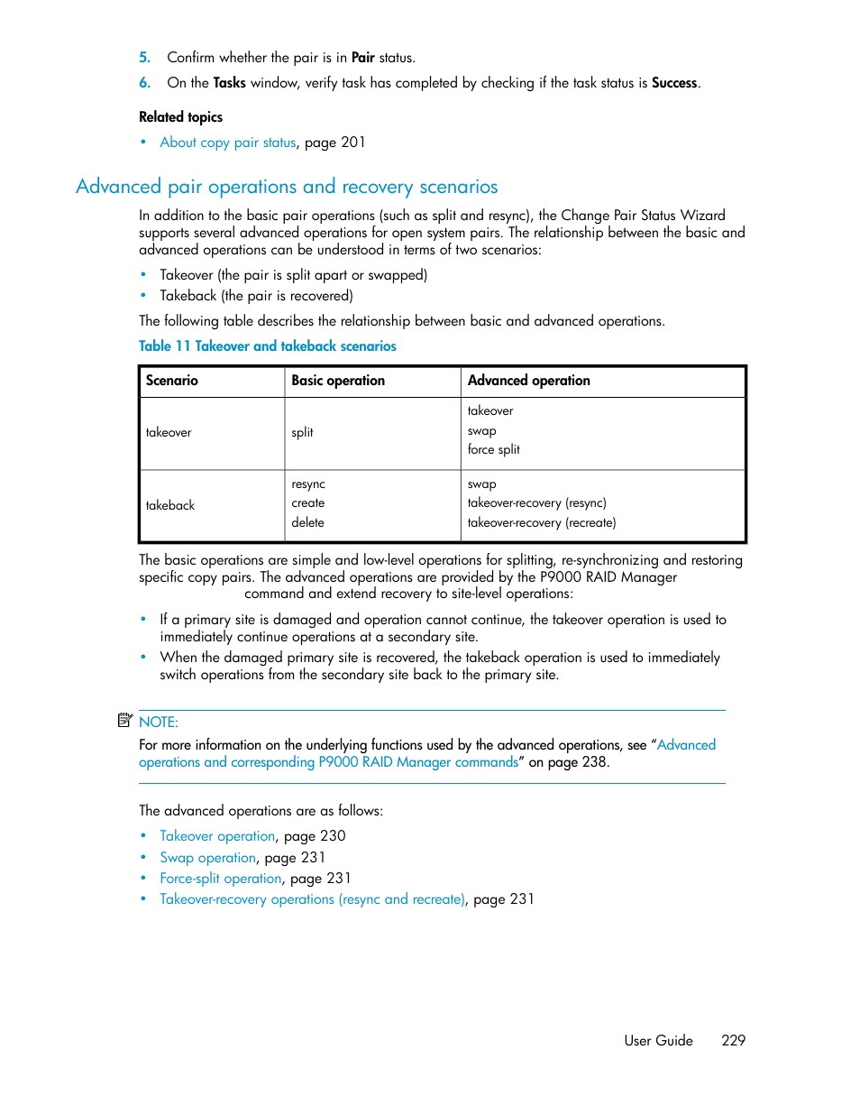 Advanced pair operations and recovery scenarios, Takeover and takeback scenarios, Advanced | Pair operations and recovery scenarios | HP XP P9000 Command View Advanced Edition Software User Manual | Page 229 / 478