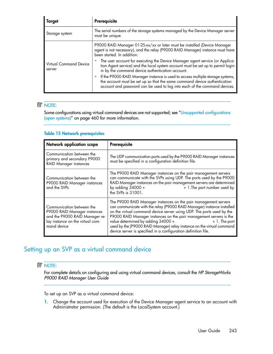 Setting up an svp as a virtual command device, Network prerequisites | HP XP P9000 Command View Advanced Edition Software User Manual | Page 243 / 478