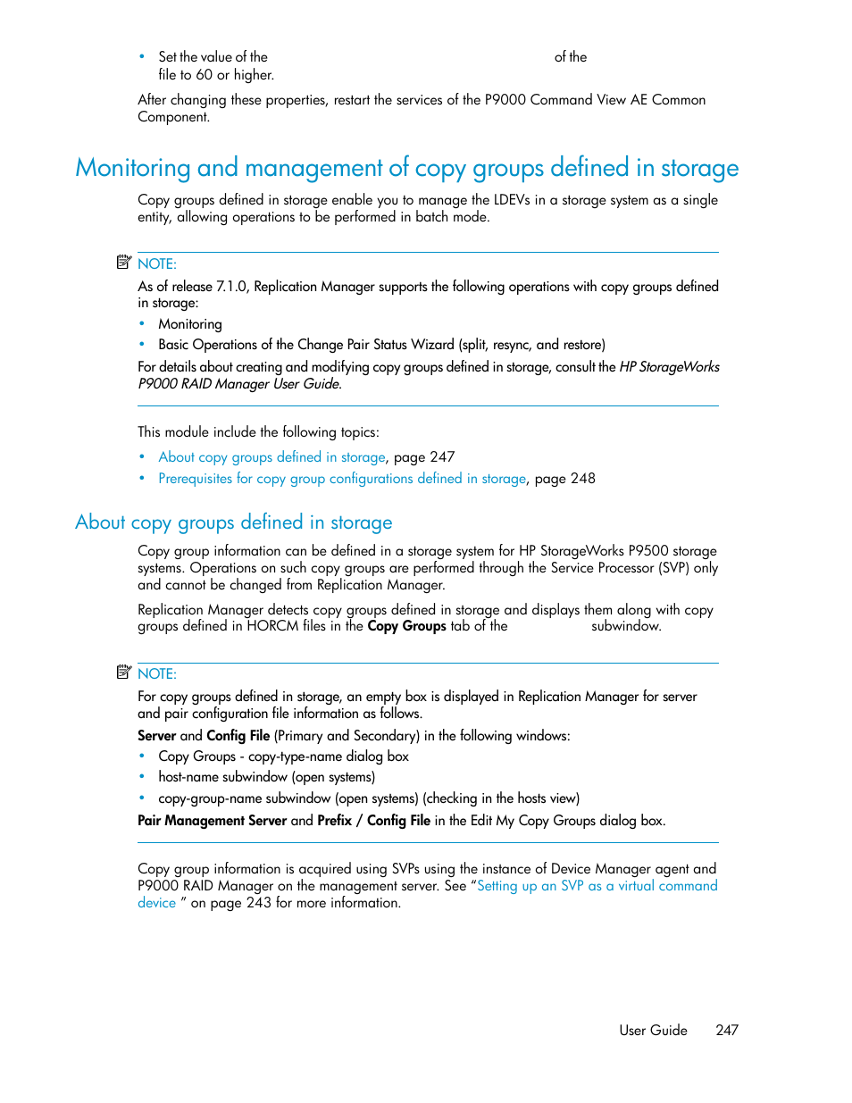 About copy groups defined in storage | HP XP P9000 Command View Advanced Edition Software User Manual | Page 247 / 478