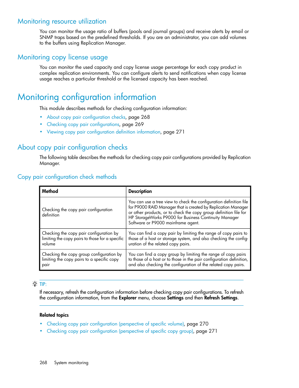 Monitoring configuration information, About copy pair configuration checks, Monitoring resource utilization | Monitoring copy license usage | HP XP P9000 Command View Advanced Edition Software User Manual | Page 268 / 478