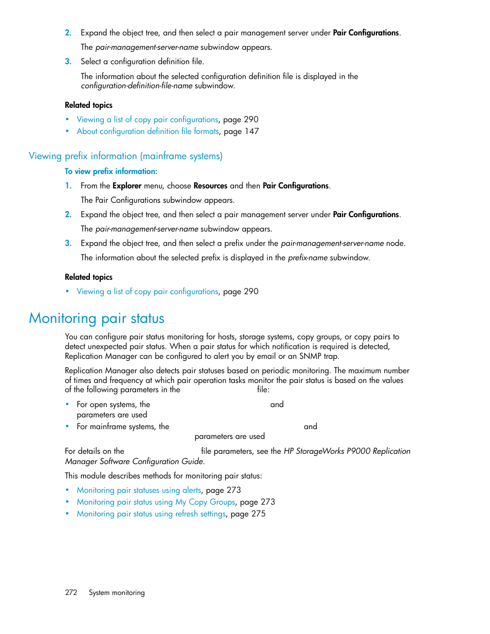 Viewing prefix information (mainframe systems), Monitoring pair status | HP XP P9000 Command View Advanced Edition Software User Manual | Page 272 / 478