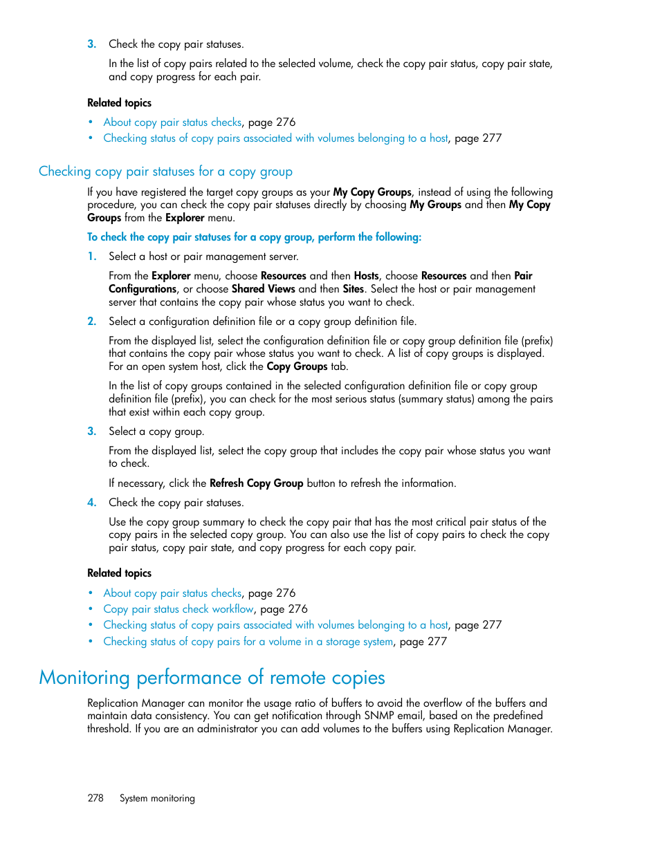 Checking copy pair statuses for a copy group, Monitoring performance of remote copies | HP XP P9000 Command View Advanced Edition Software User Manual | Page 278 / 478