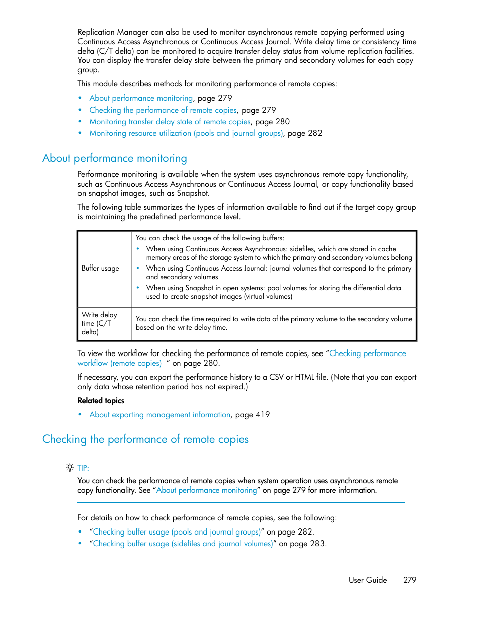 About performance monitoring, Checking the performance of remote copies, 279 checking the performance of remote copies | HP XP P9000 Command View Advanced Edition Software User Manual | Page 279 / 478