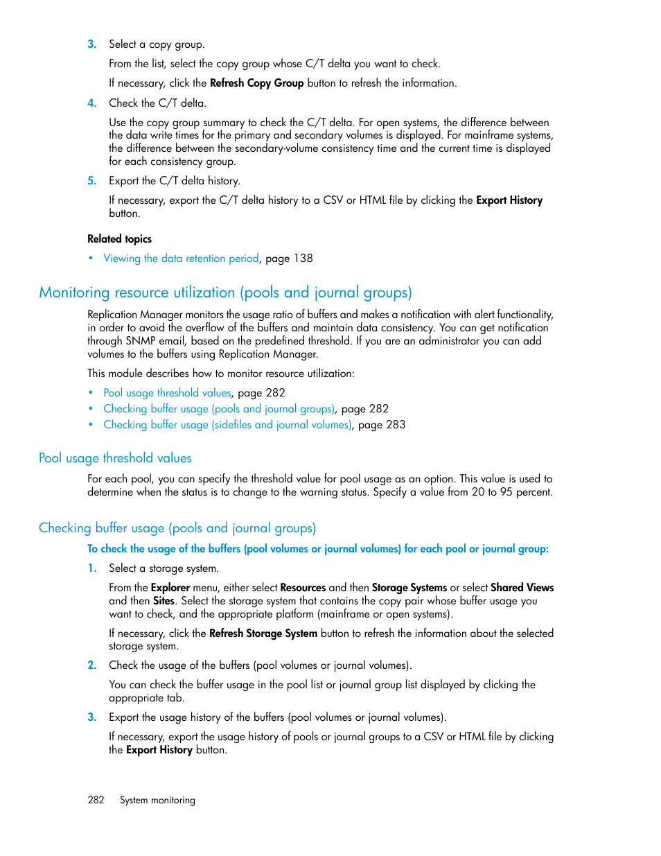 Pool usage threshold values, Checking buffer usage (pools and journal groups) | HP XP P9000 Command View Advanced Edition Software User Manual | Page 282 / 478