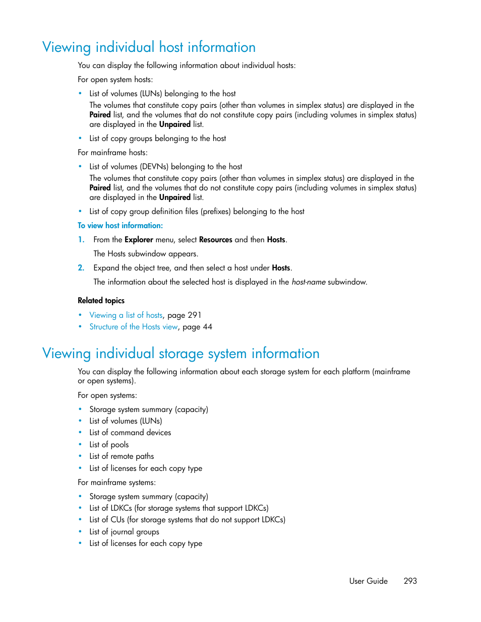 Viewing individual host information, Viewing individual storage system information, 293 viewing individual storage system information | Viewing individual host, Information | HP XP P9000 Command View Advanced Edition Software User Manual | Page 293 / 478