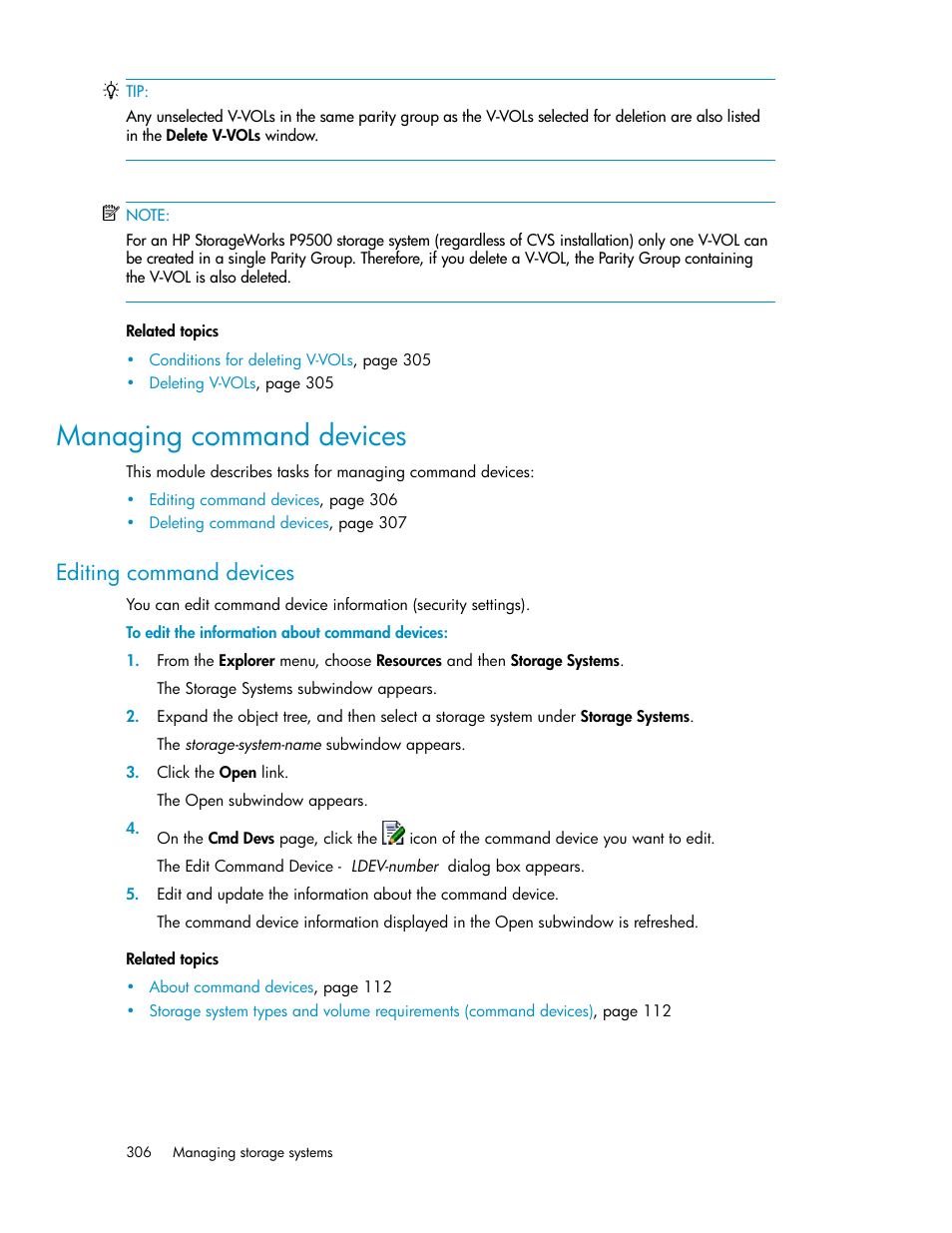 Managing command devices, Editing command devices | HP XP P9000 Command View Advanced Edition Software User Manual | Page 306 / 478