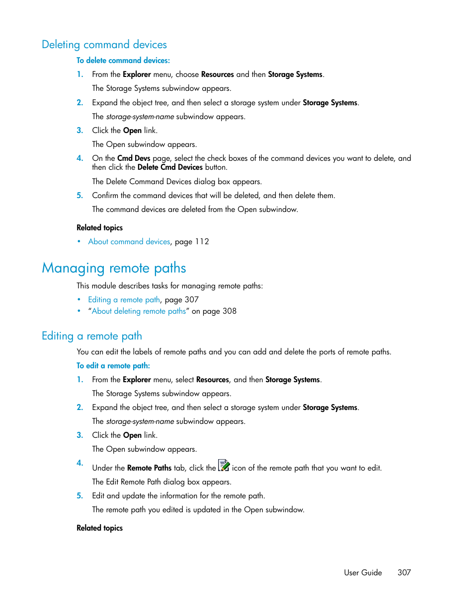 Deleting command devices, Managing remote paths, Editing a remote path | HP XP P9000 Command View Advanced Edition Software User Manual | Page 307 / 478