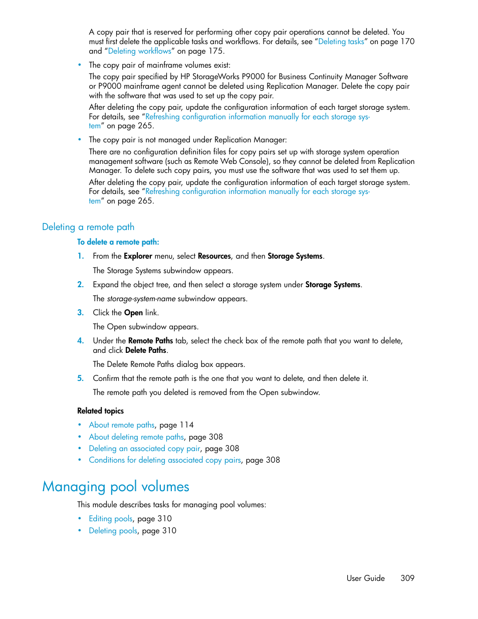 Deleting a remote path, Managing pool volumes | HP XP P9000 Command View Advanced Edition Software User Manual | Page 309 / 478