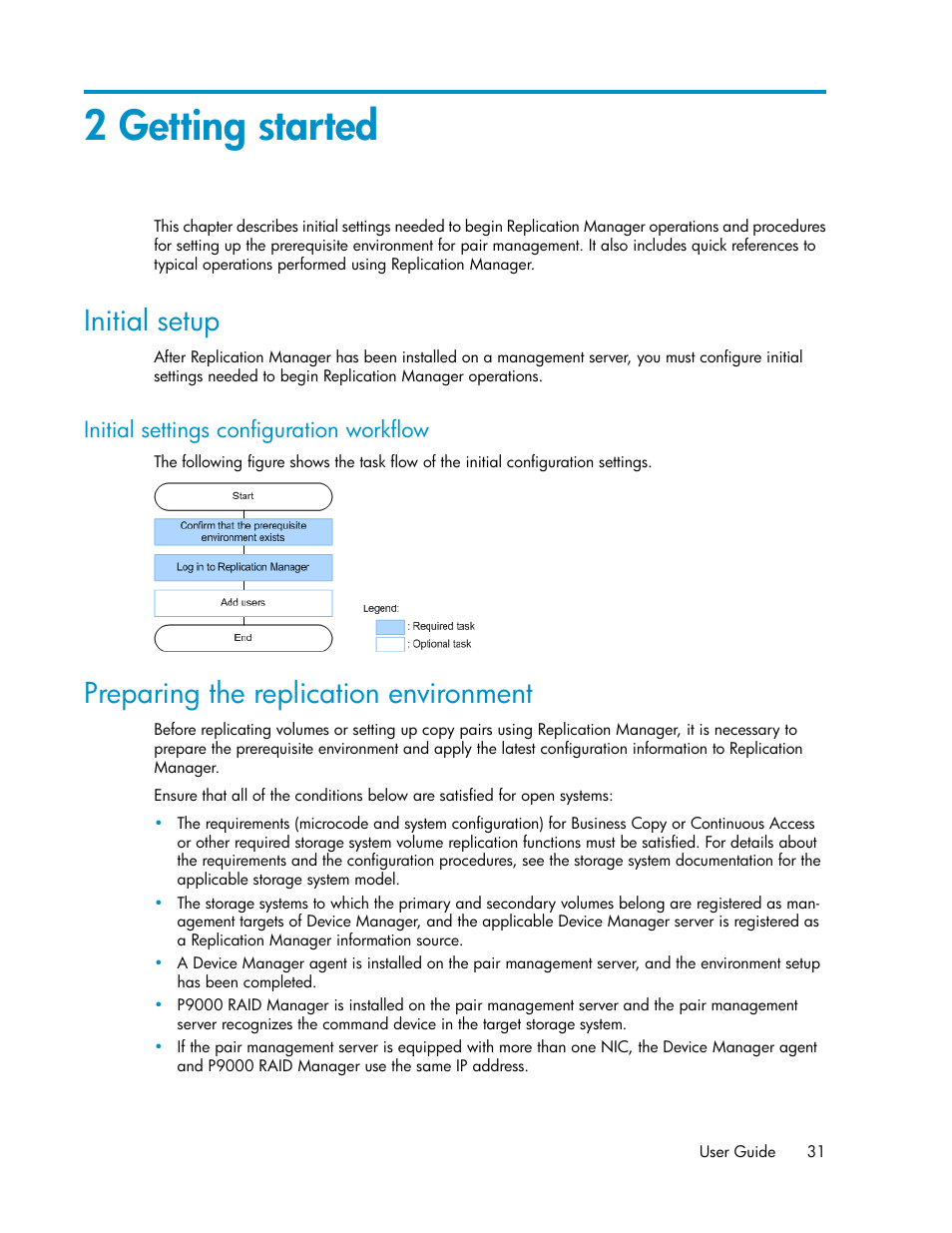 2 getting started, Initial setup, Initial settings configuration workflow | Preparing the replication environment | HP XP P9000 Command View Advanced Edition Software User Manual | Page 31 / 478