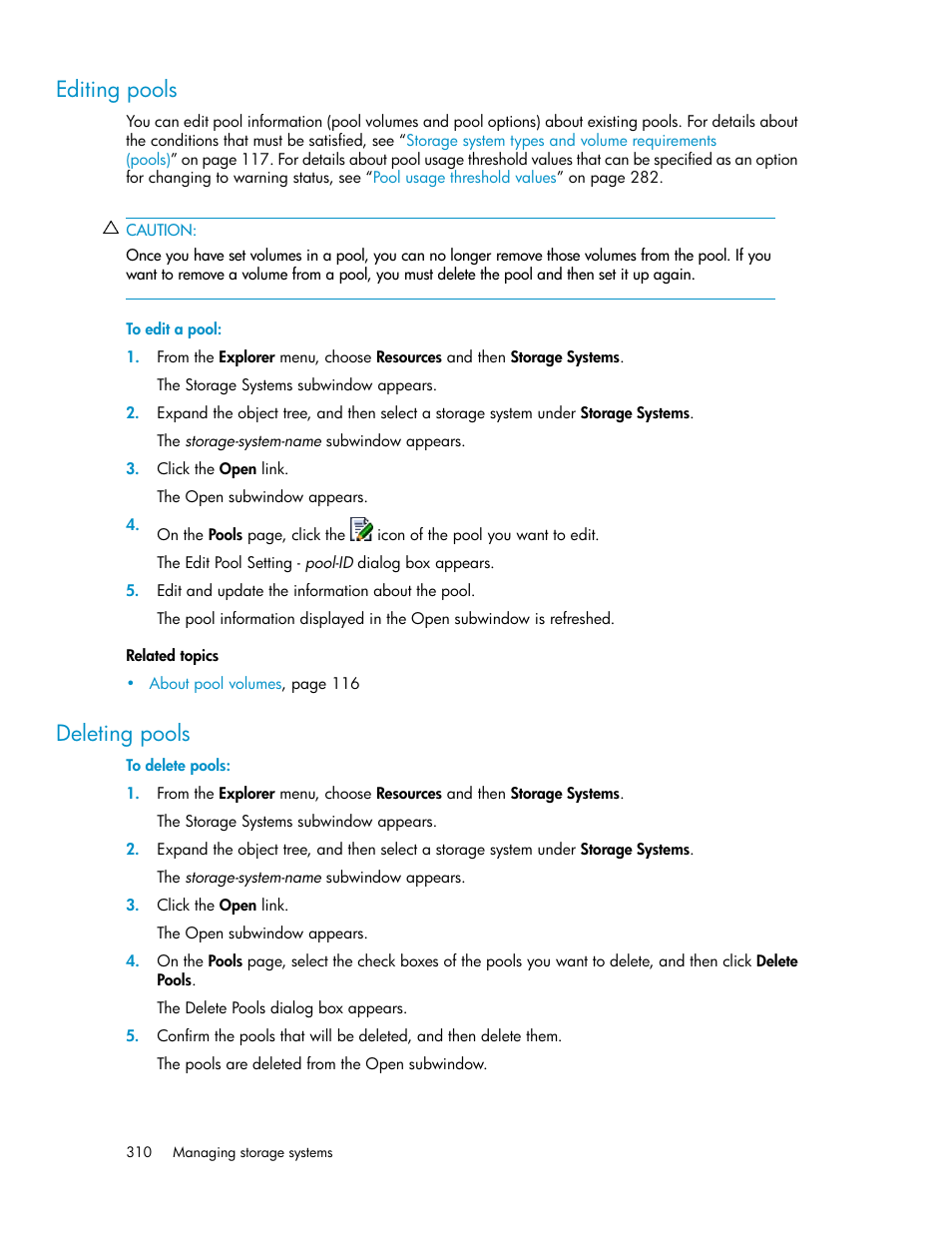 Editing pools, Deleting pools, 310 deleting pools | HP XP P9000 Command View Advanced Edition Software User Manual | Page 310 / 478