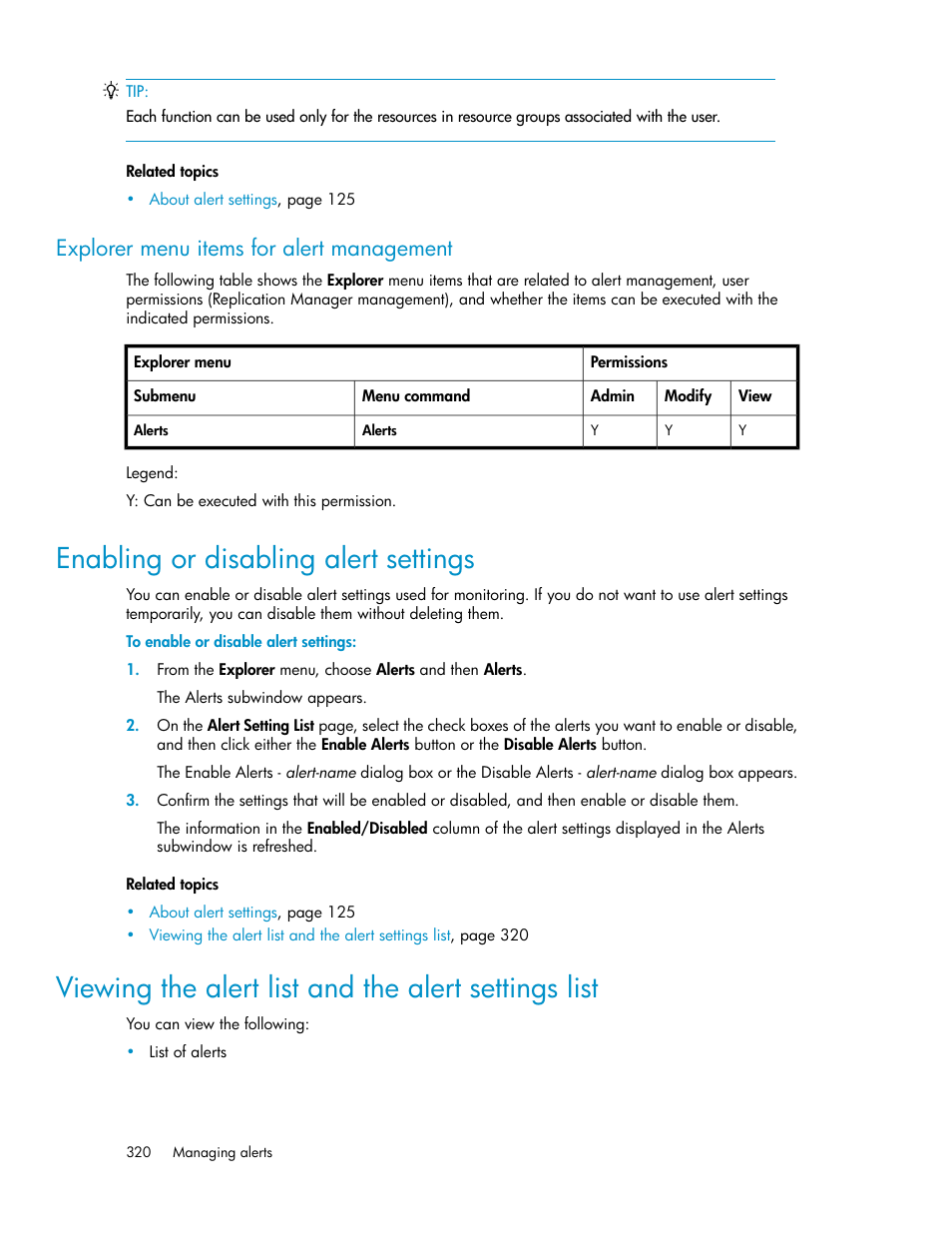 Explorer menu items for alert management, Enabling or disabling alert settings, Viewing the alert list and the alert settings list | HP XP P9000 Command View Advanced Edition Software User Manual | Page 320 / 478