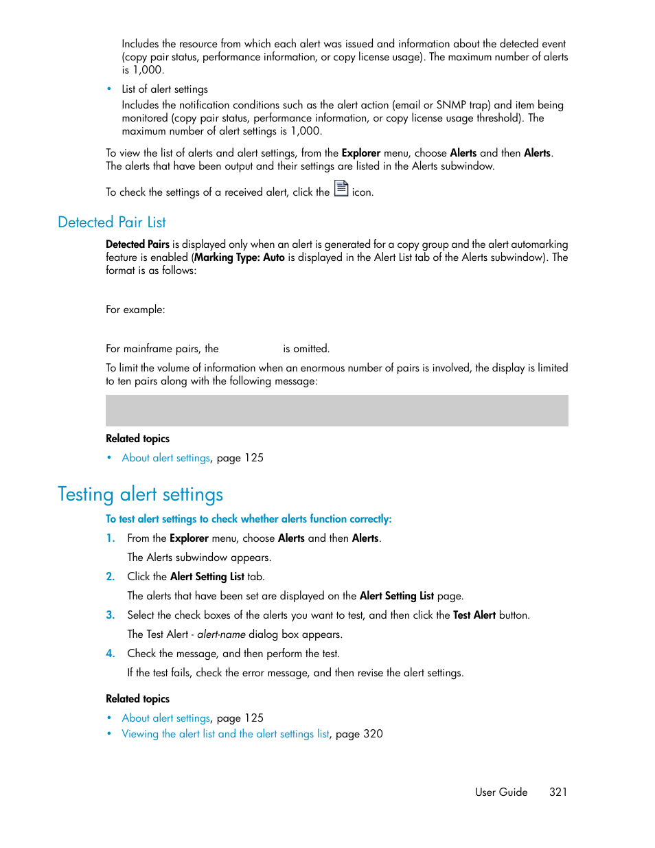 Testing alert settings, Detected pair list | HP XP P9000 Command View Advanced Edition Software User Manual | Page 321 / 478