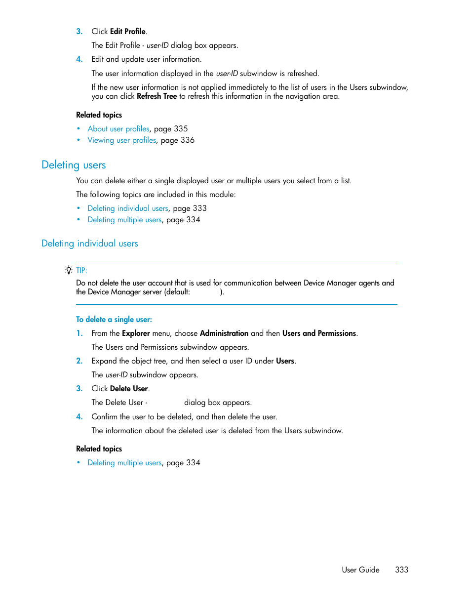 Deleting users, Deleting individual users | HP XP P9000 Command View Advanced Edition Software User Manual | Page 333 / 478