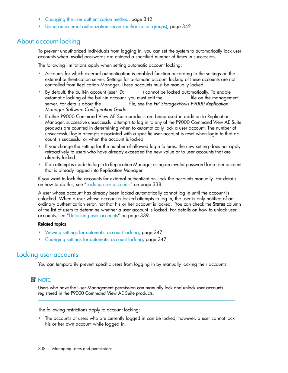 About account locking, Locking user accounts, 338 locking user accounts | HP XP P9000 Command View Advanced Edition Software User Manual | Page 338 / 478