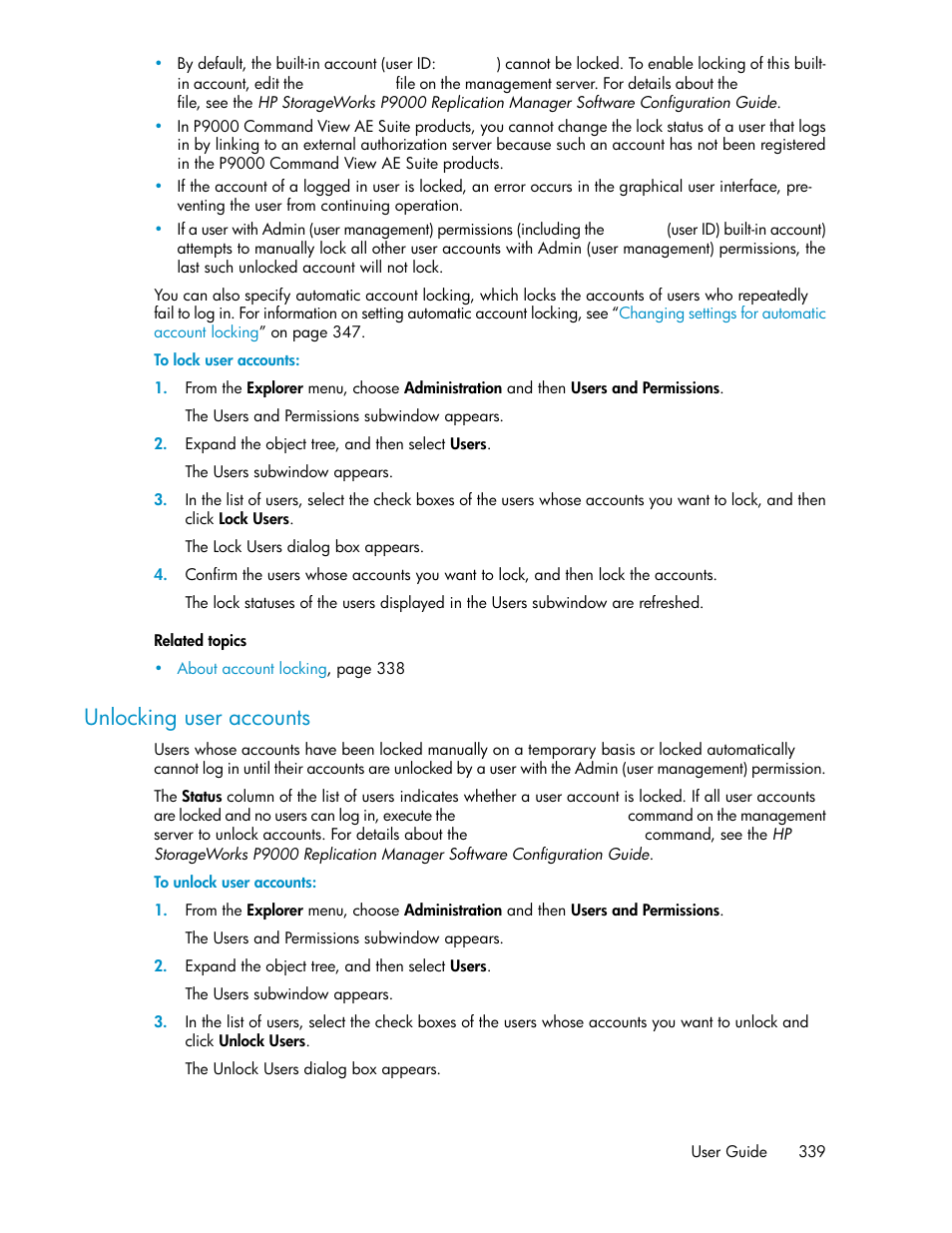 Unlocking user accounts | HP XP P9000 Command View Advanced Edition Software User Manual | Page 339 / 478