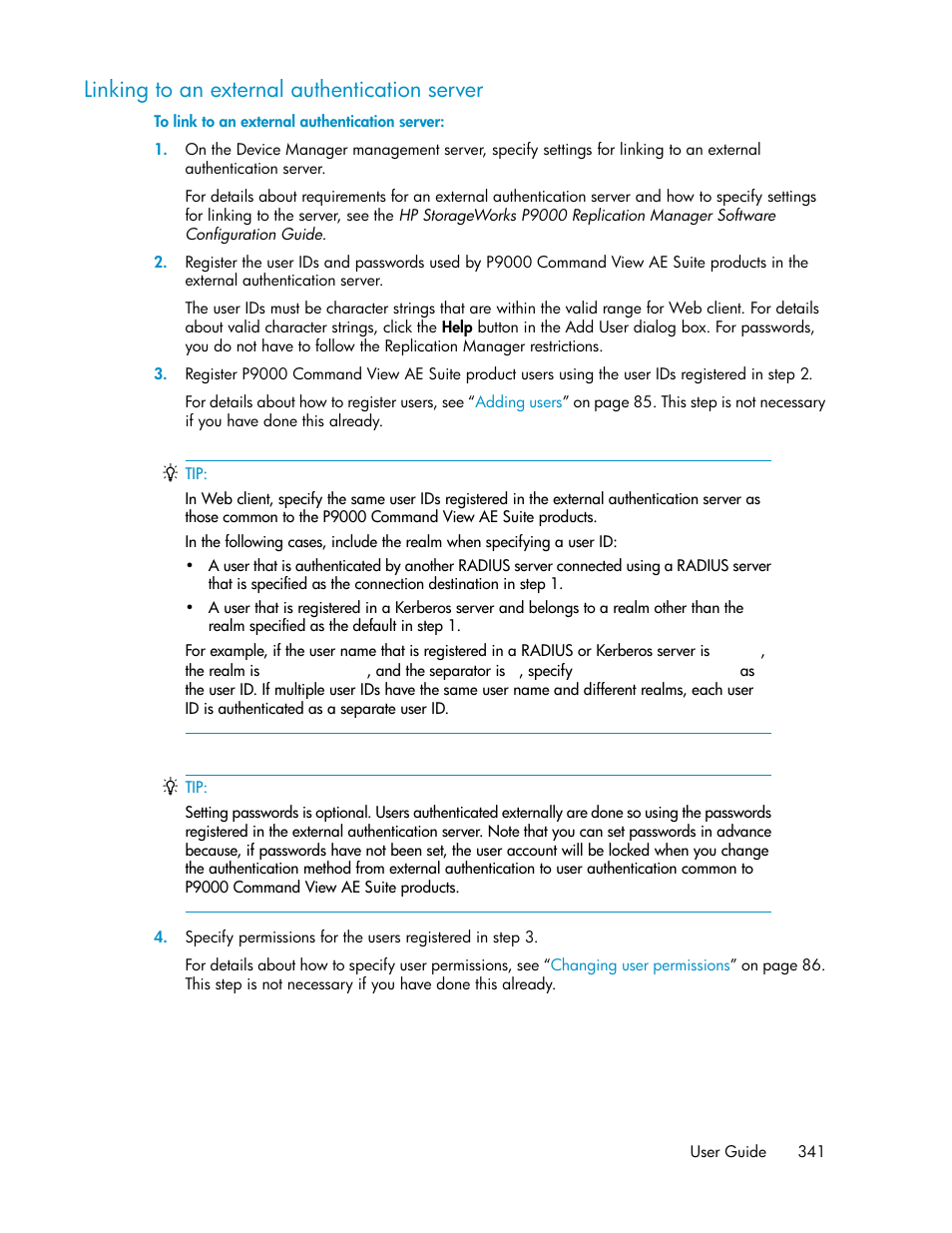 Linking to an external authentication server | HP XP P9000 Command View Advanced Edition Software User Manual | Page 341 / 478