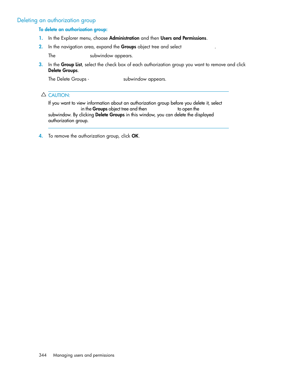 Deleting an authorization group | HP XP P9000 Command View Advanced Edition Software User Manual | Page 344 / 478