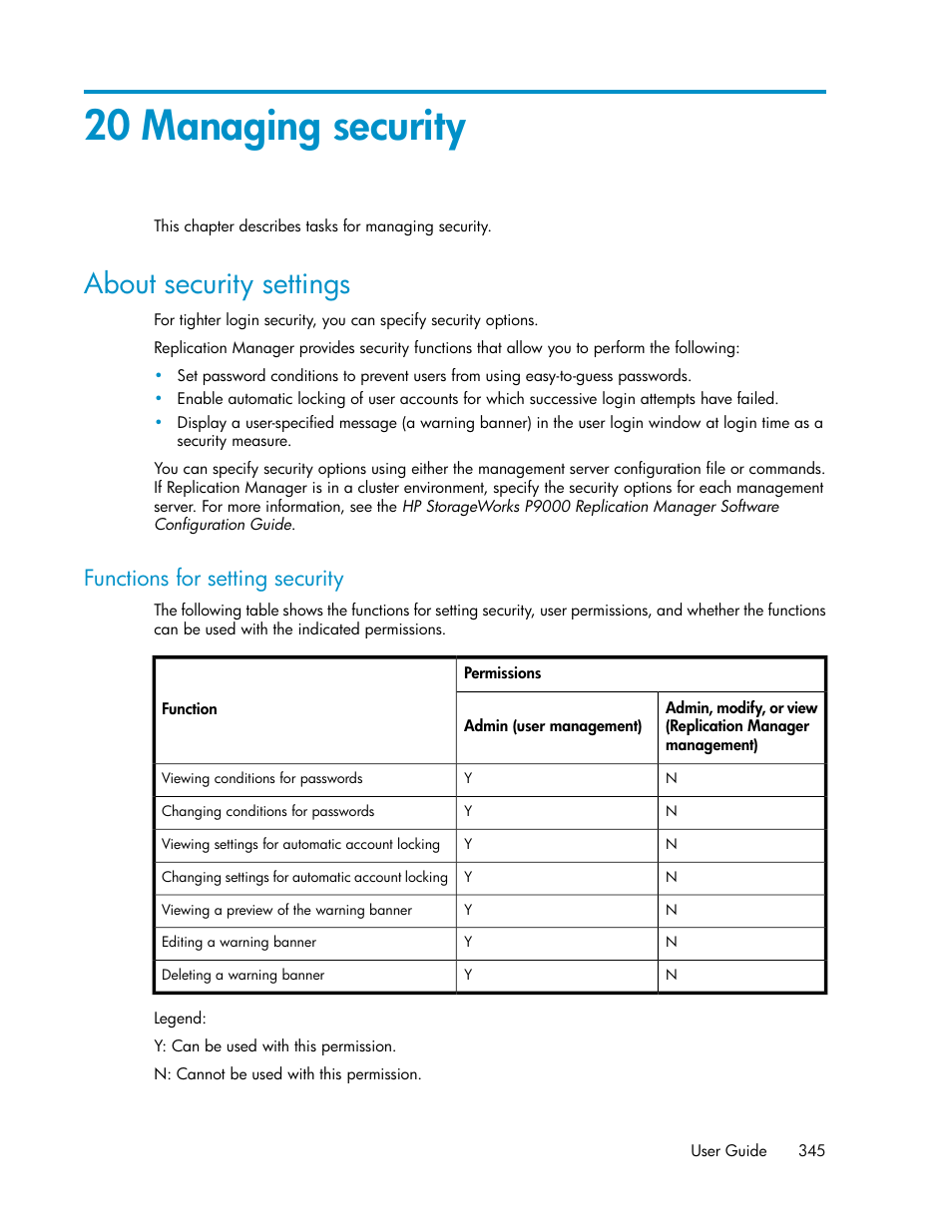 20 managing security, About security settings, Functions for setting security | About, Security settings | HP XP P9000 Command View Advanced Edition Software User Manual | Page 345 / 478