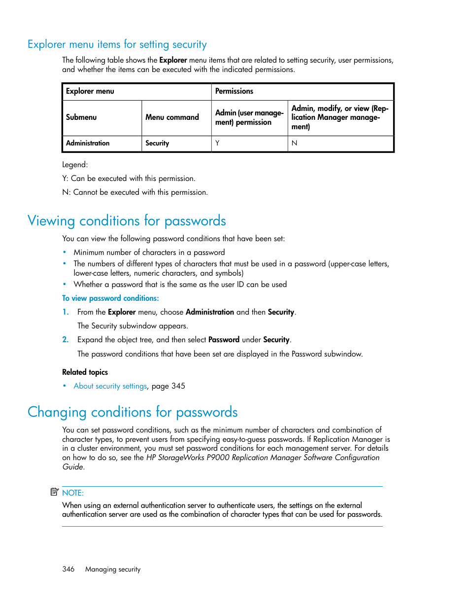 Explorer menu items for setting security, Viewing conditions for passwords, Changing conditions for passwords | 346 changing conditions for passwords | HP XP P9000 Command View Advanced Edition Software User Manual | Page 346 / 478