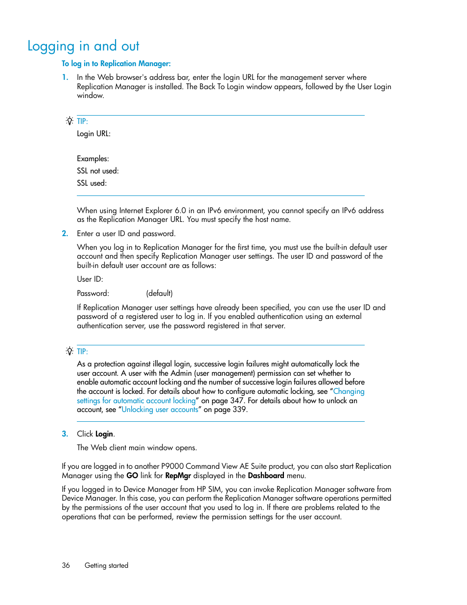 Logging in and out | HP XP P9000 Command View Advanced Edition Software User Manual | Page 36 / 478