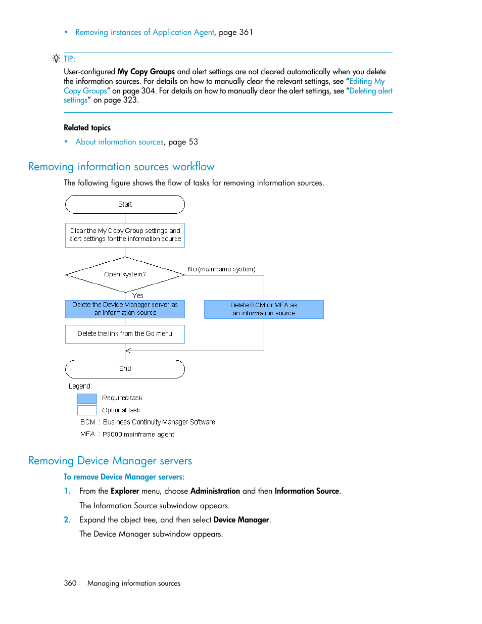 Removing information sources workflow, Removing device manager servers, 360 removing device manager servers | Removing information sources, Workflow | HP XP P9000 Command View Advanced Edition Software User Manual | Page 360 / 478