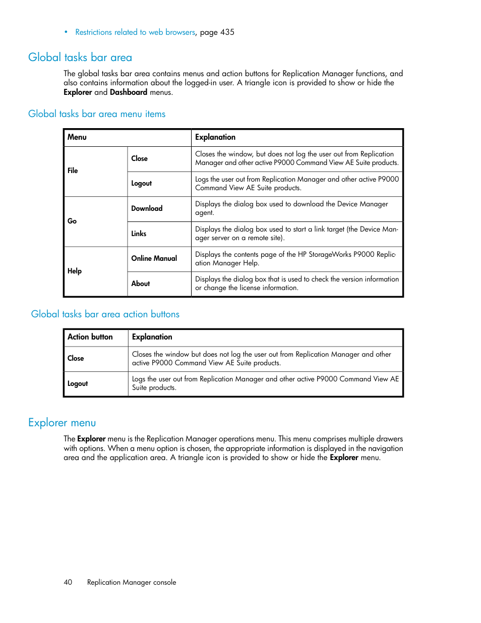 Global tasks bar area, Explorer menu, 40 explorer menu | HP XP P9000 Command View Advanced Edition Software User Manual | Page 40 / 478