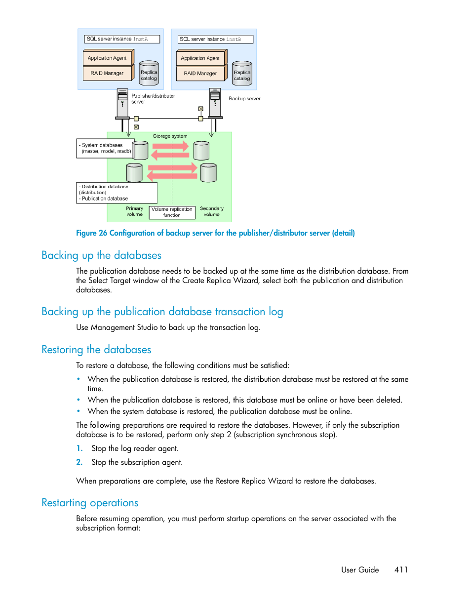 Backing up the databases, Restoring the databases, Restarting operations | HP XP P9000 Command View Advanced Edition Software User Manual | Page 411 / 478