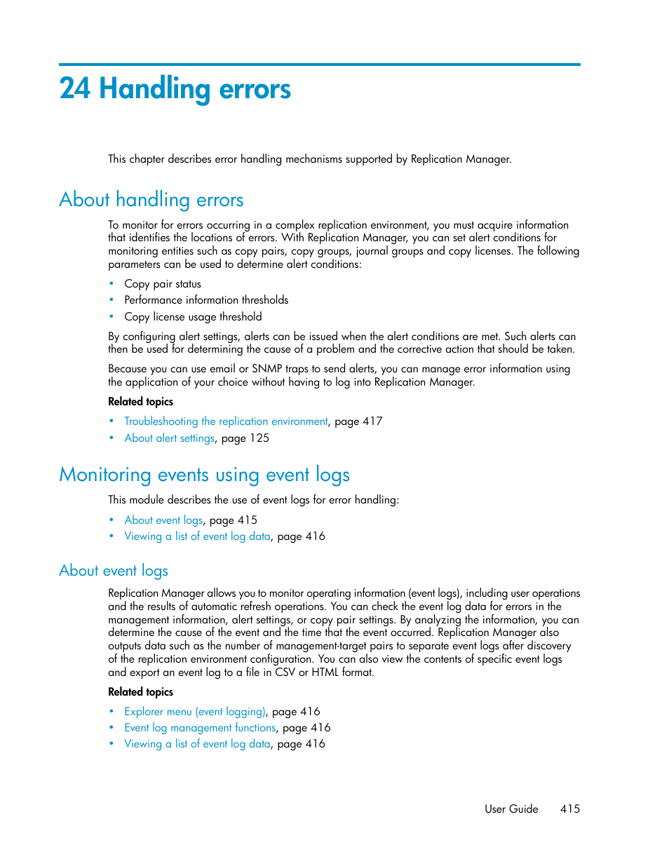 24 handling errors, About handling errors, Monitoring events using event logs | About event logs, 415 monitoring events using event logs | HP XP P9000 Command View Advanced Edition Software User Manual | Page 415 / 478