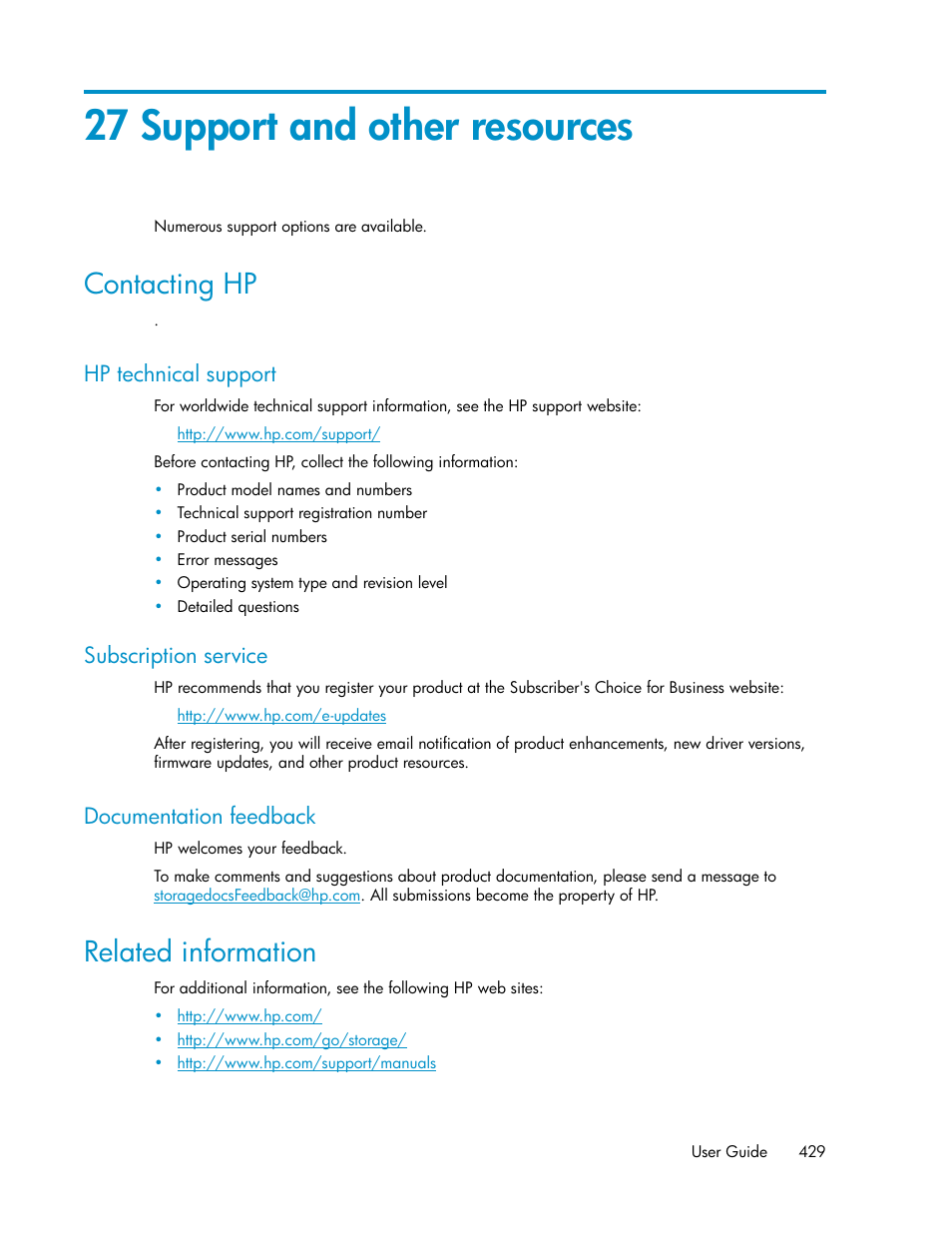 27 support and other resources, Contacting hp, Hp technical support | Subscription service, Documentation feedback, Related information, 429 subscription service, 429 documentation feedback | HP XP P9000 Command View Advanced Edition Software User Manual | Page 429 / 478