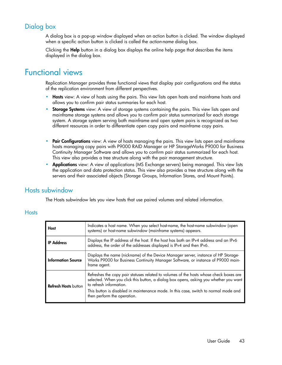 Dialog box, Functional views, Hosts subwindow | HP XP P9000 Command View Advanced Edition Software User Manual | Page 43 / 478