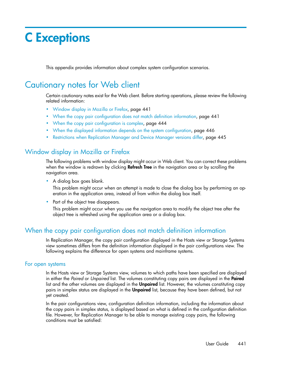 C exceptions, Cautionary notes for web client, Window display in mozilla or firefox | HP XP P9000 Command View Advanced Edition Software User Manual | Page 441 / 478