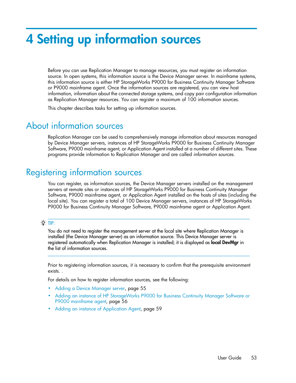 4 setting up information sources, About information sources, Registering information sources | 53 registering information sources, Chapter 4 | HP XP P9000 Command View Advanced Edition Software User Manual | Page 53 / 478