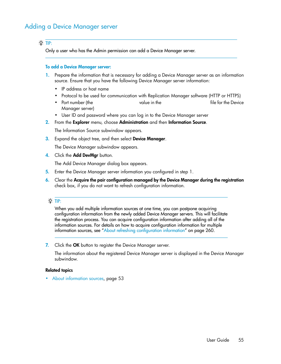 Adding a device manager server | HP XP P9000 Command View Advanced Edition Software User Manual | Page 55 / 478