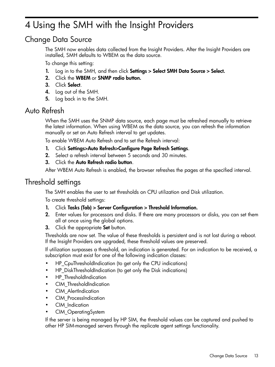 4 using the smh with the insight providers, Change data source, Auto refresh | Threshold settings, Change data source auto refresh threshold settings | HP Insight Management WBEM Providers User Manual | Page 13 / 38