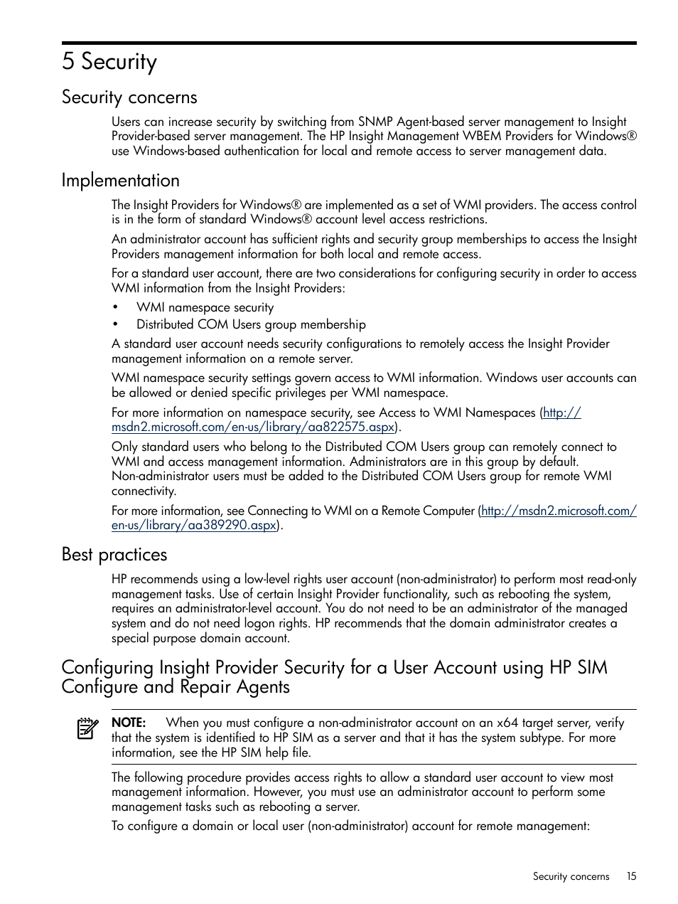 5 security, Security concerns, Implementation | Best practices | HP Insight Management WBEM Providers User Manual | Page 15 / 38