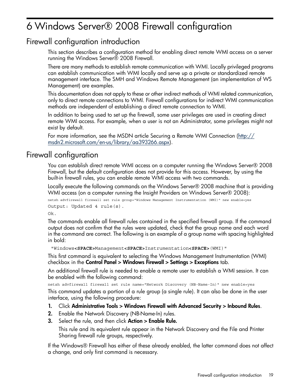 6 windows server® 2008 firewall configuration, Firewall configuration introduction, Firewall configuration | HP Insight Management WBEM Providers User Manual | Page 19 / 38