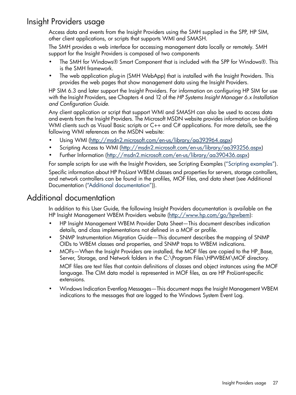 Insight providers usage, Additional documentation, Insight providers usage additional documentation | HP Insight Management WBEM Providers User Manual | Page 27 / 38