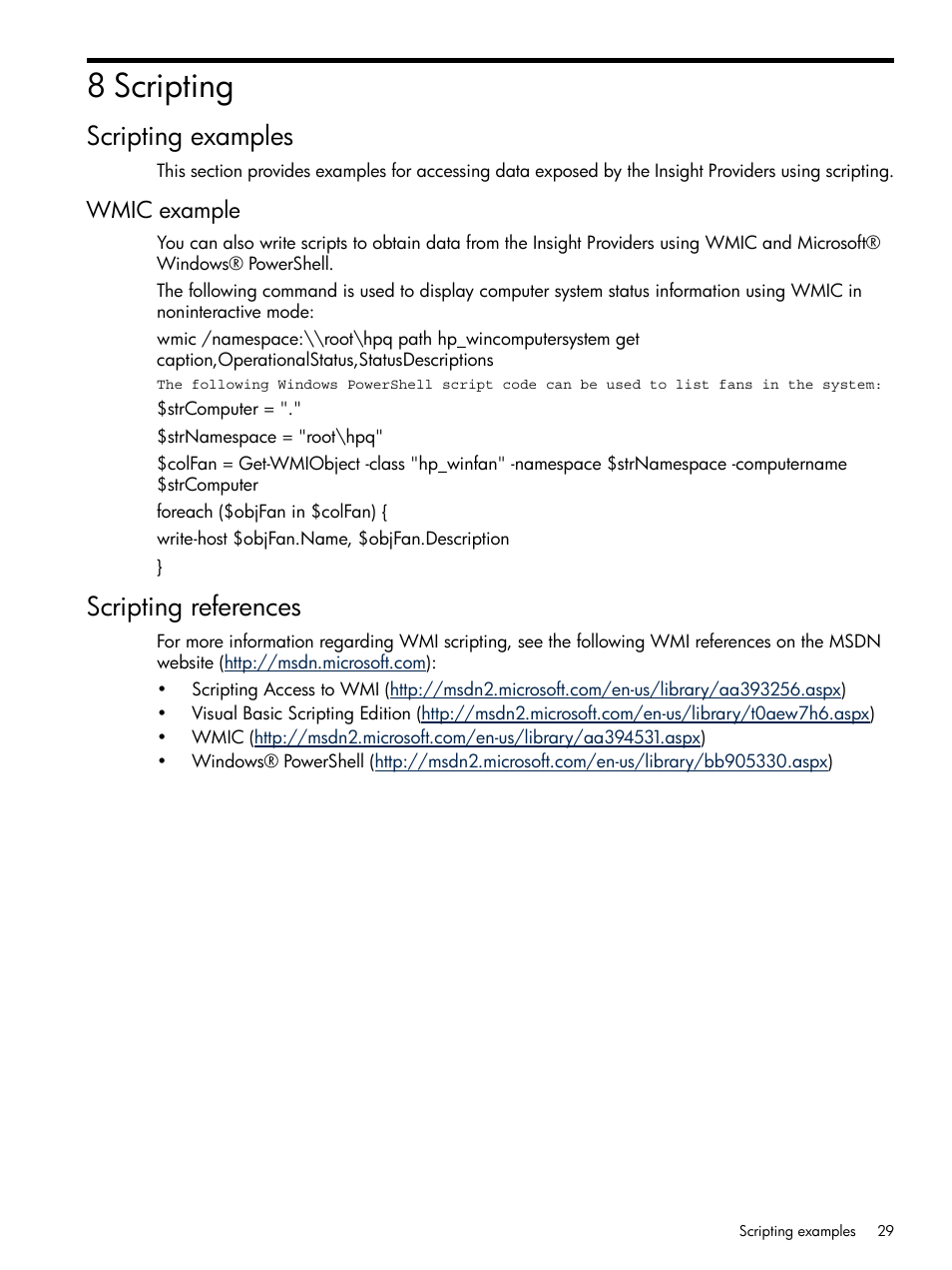 8 scripting, Scripting examples, Wmic example | Scripting references | HP Insight Management WBEM Providers User Manual | Page 29 / 38