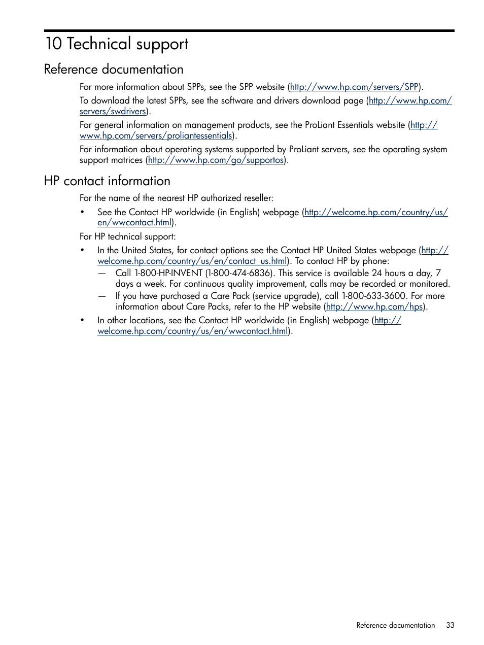 10 technical support, Reference documentation, Hp contact information | Reference documentation hp contact information | HP Insight Management WBEM Providers User Manual | Page 33 / 38