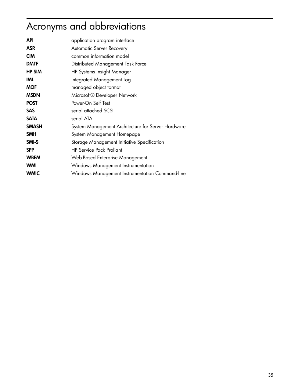 Acronyms and abbreviations | HP Insight Management WBEM Providers User Manual | Page 35 / 38