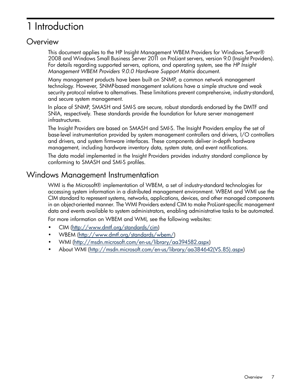 1 introduction, Overview, Windows management instrumentation | Overview windows management instrumentation | HP Insight Management WBEM Providers User Manual | Page 7 / 38