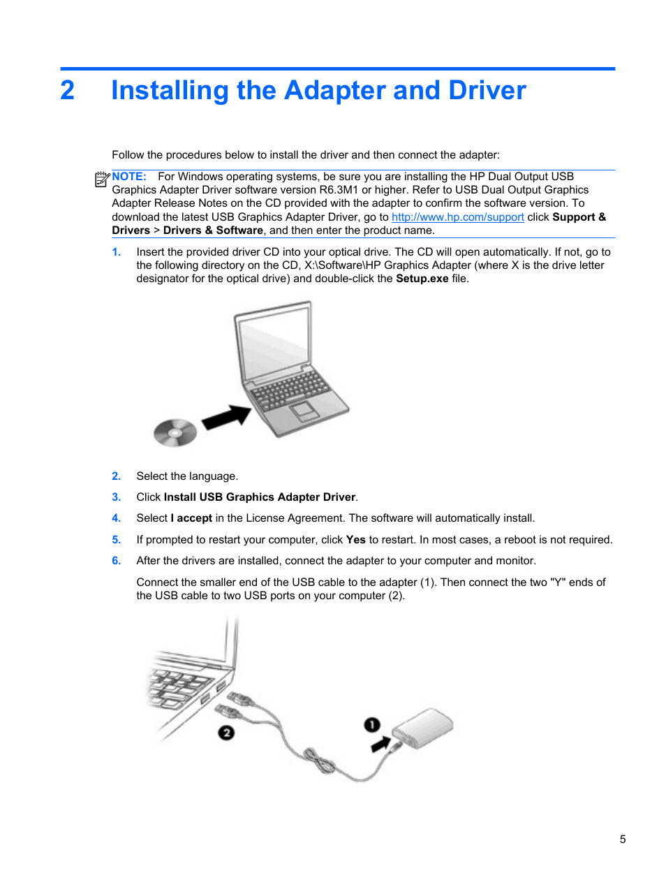 Installing the adapter and driver, 2 installing the adapter and driver, 2installing the adapter and driver | HP USB Dual Output USB Graphics Adapter User Manual | Page 11 / 27